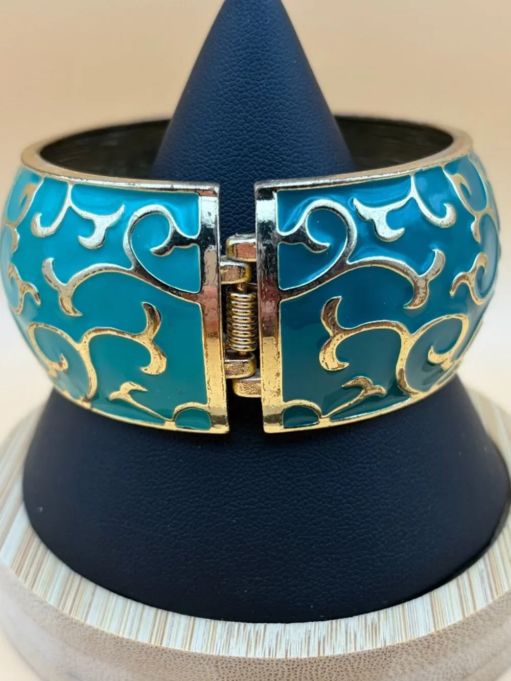 Turquoise Blue and Gold-Tone Enamel Hinged Bracelet